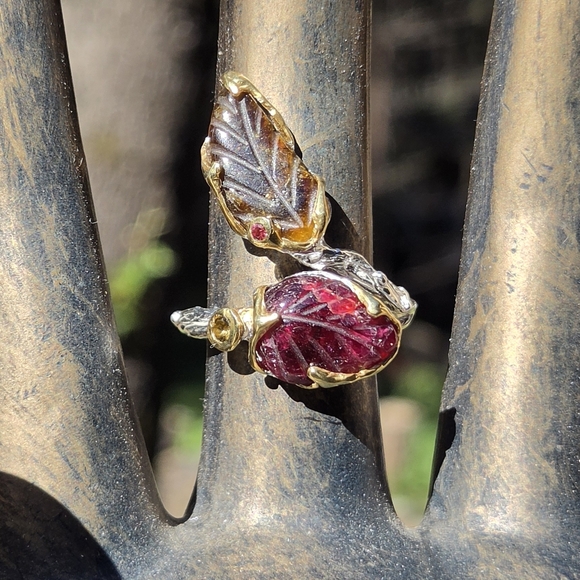 Celestial Kharma Collection by Avelon Jewelry - Tourmaline 16k & Rhodalite & Citrine Sterling & Gold Wrap Ring Sz9 Adjustable